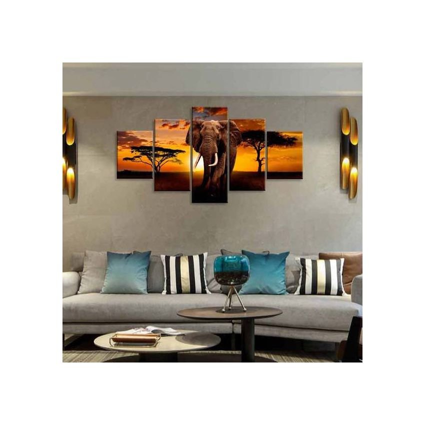 Tableau décoratif - Motif l'éléphant - Toile tissée en microfibre - Montée sur du bois - Marron